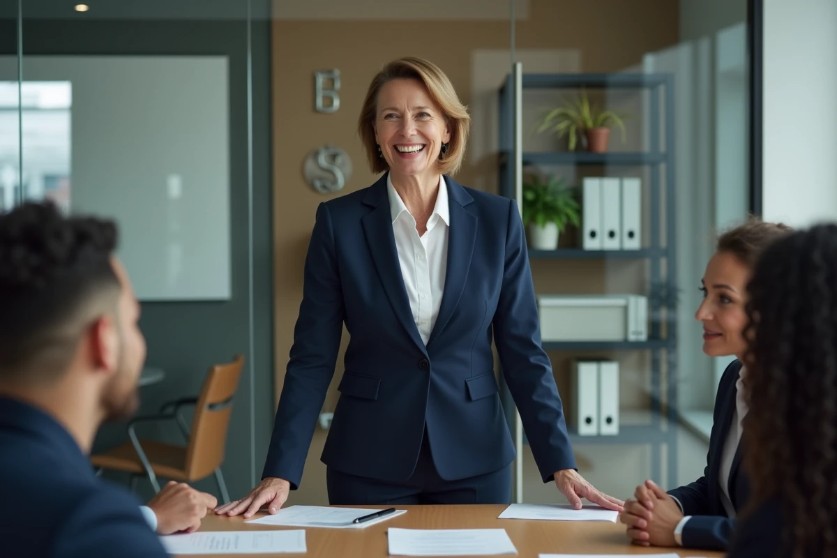 Femme en costume navy dirigeant une réunion en entreprise