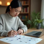 Femme étudiant un schéma de réseau internet sur papier à son bureau, illustrant le fonctionnement du web