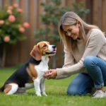 Femme souriante jouant avec un chien dans le jardin