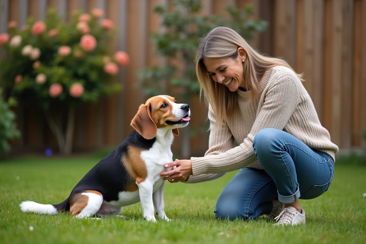 Femme souriante jouant avec un chien dans le jardin
