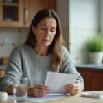 Femme d'âge mûr lisant la notice de son médicament Levothyrox avec un verre d'eau sur la table de cuisine