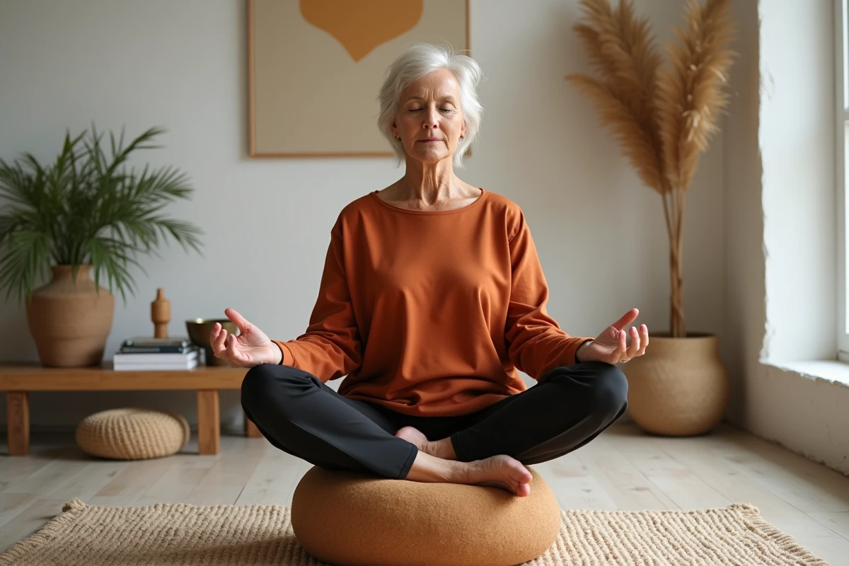 Femme mature méditant dans un studio à domicile, assise sur un bloc de yoga en liège, corps en léger balancement vers l'avant dans un état méditatif profond