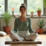 Femme en méditation assise en tailleur sur un coussin en lin, légèrement inclinée vers l'avant, illustrant le balancement corporel ressenti pendant la méditation