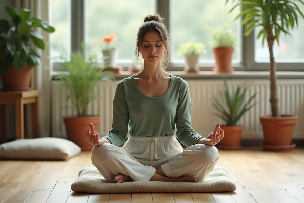 Femme en méditation assise en tailleur sur un coussin en lin, légèrement inclinée vers l'avant, illustrant le balancement corporel ressenti pendant la méditation