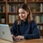 Femme utilisant un moteur de recherche éthique sur son ordinateur portable dans un bureau à domicile chaleureux