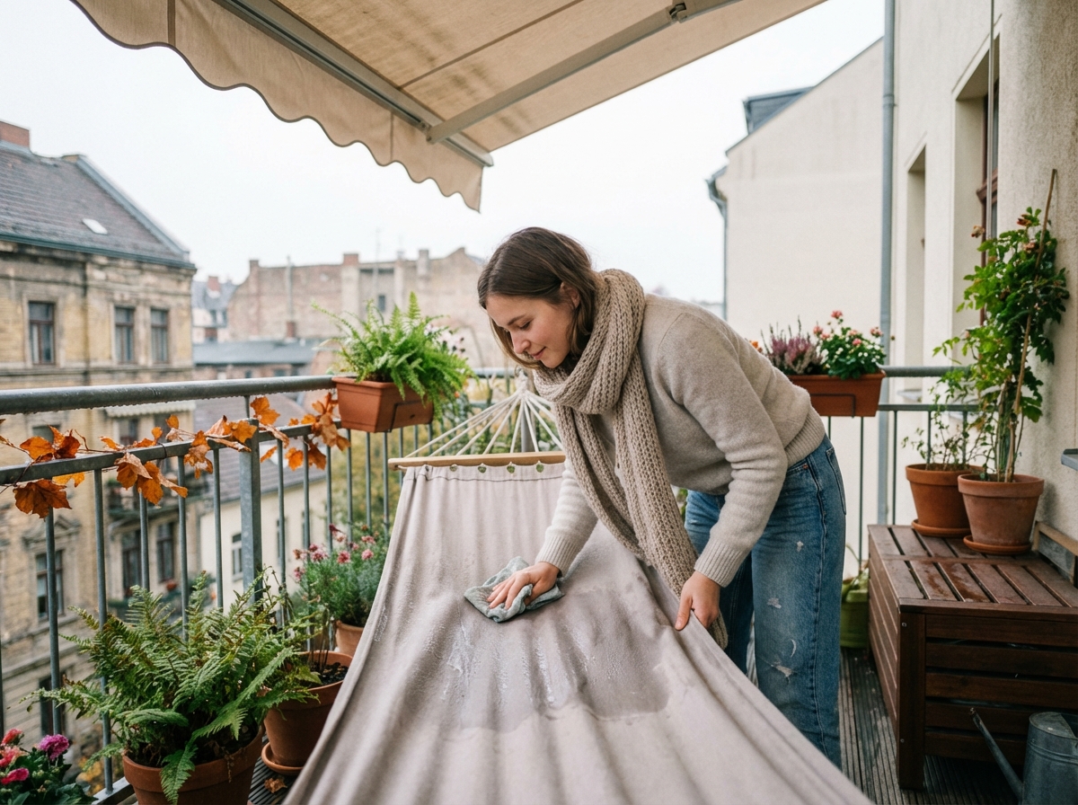 Jeune femme essuie la rosée sur un hamac dans un jardin urbain
