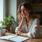 Femme organisée planifiant son voyage dans une cuisine chaleureuse