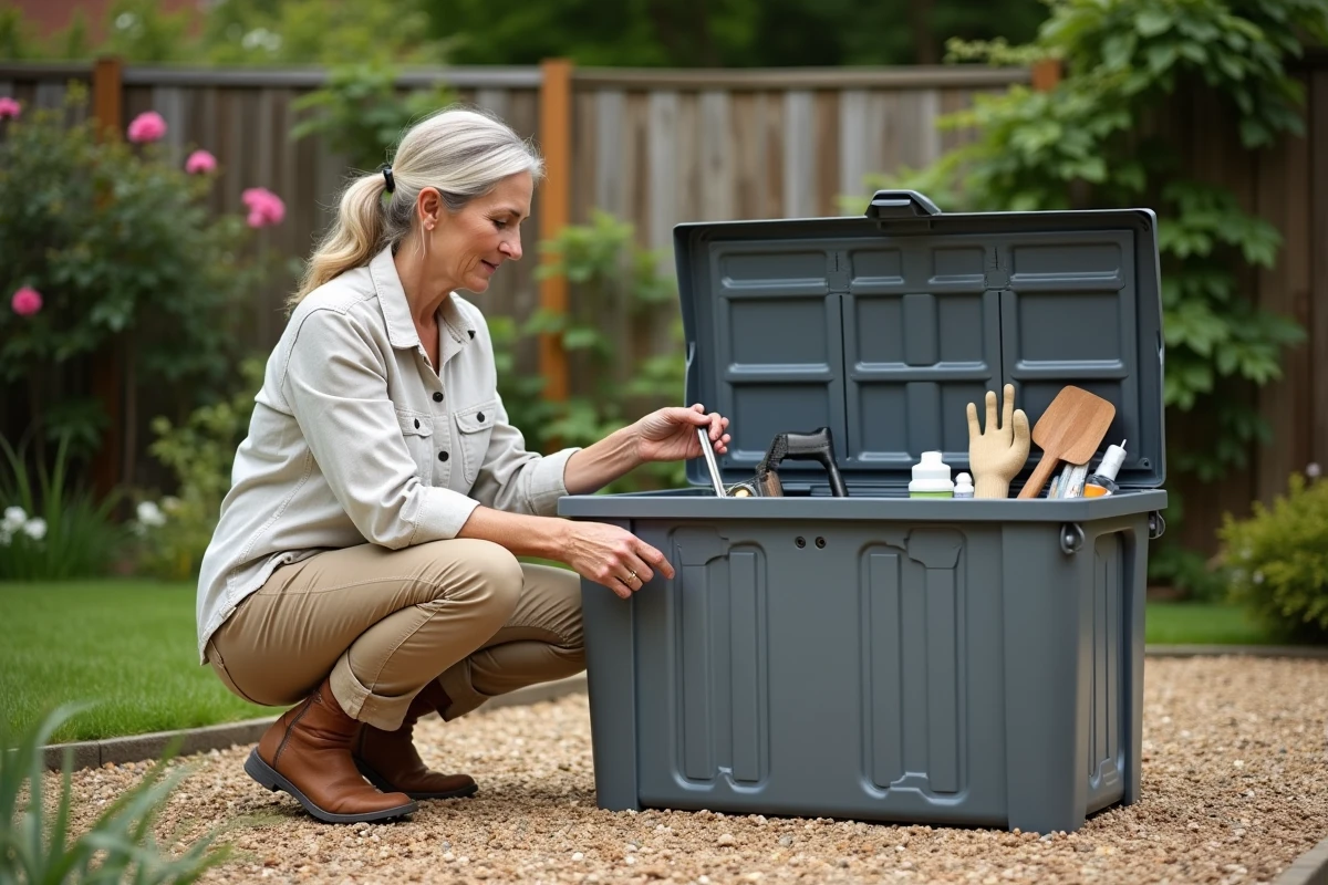 Femme rangeant des accessoires de jardinage dans un coffre de jardin en résine grise dans un jardin soigné