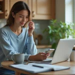 Jeune femme avec smartphone dans une cuisine lumineuse