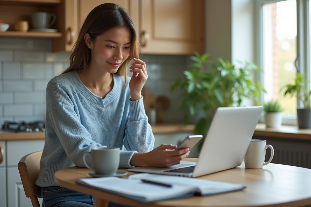 Jeune femme avec smartphone dans une cuisine lumineuse