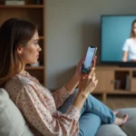 Femme curieuse regardant la télévision avec son smartphone