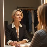 Femme élégante en conversation avec une styliste dans un dressing
