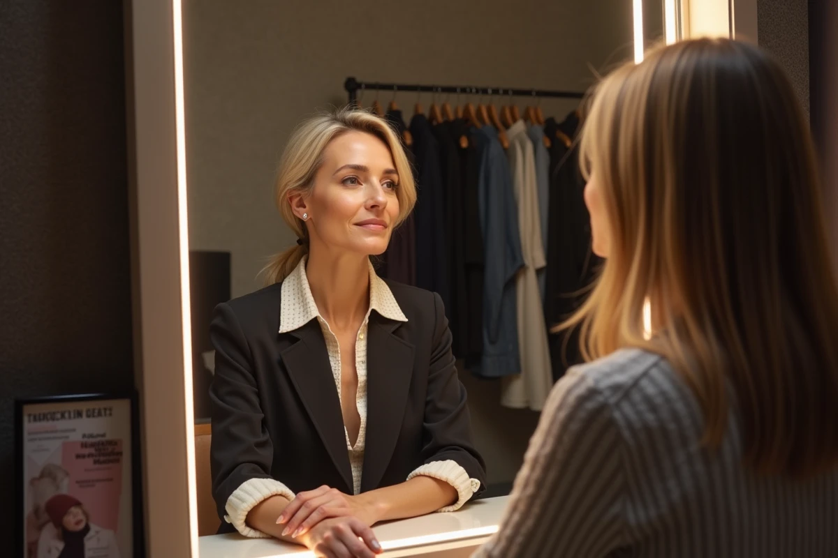 Femme élégante en conversation avec une styliste dans un dressing