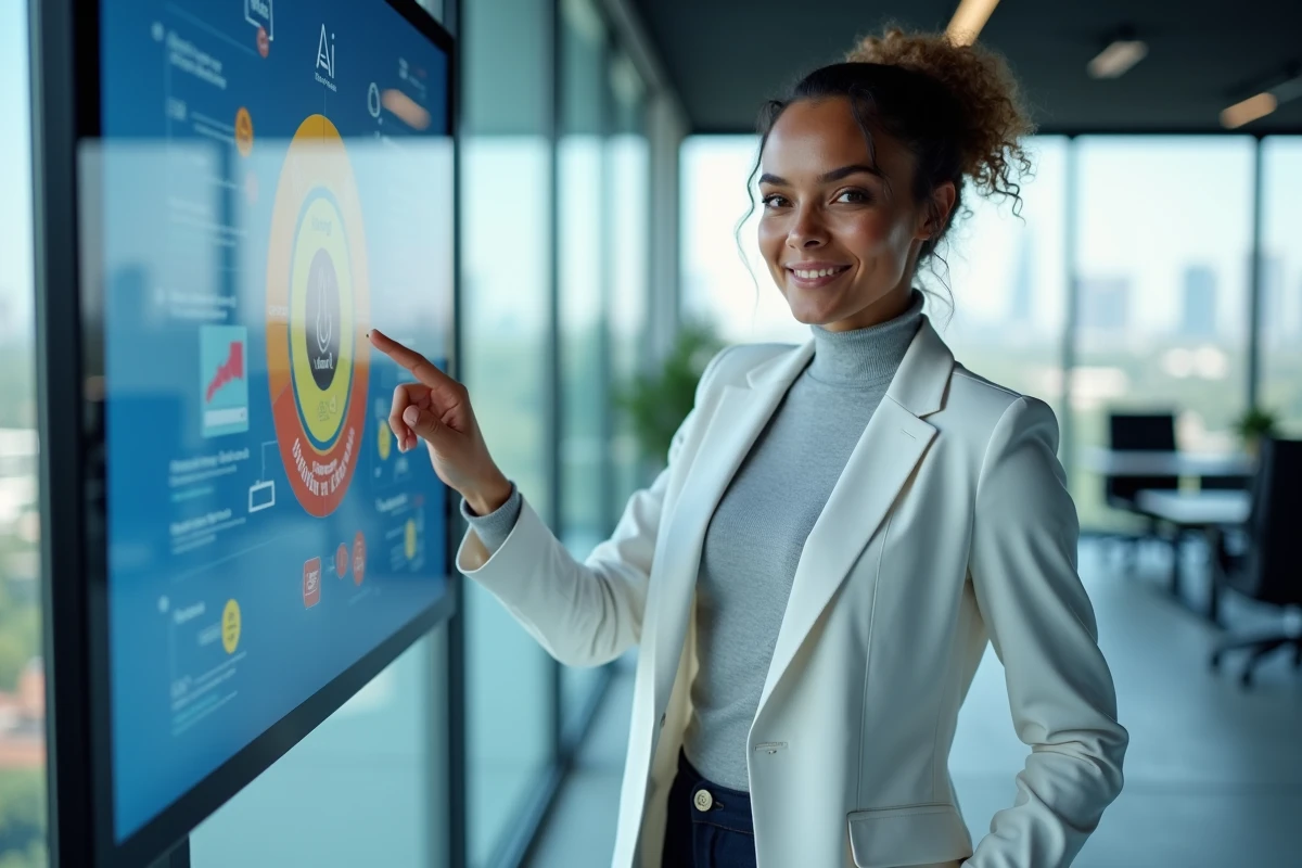 Femme professionnelle interagissant avec un écran tactile affichant les actualités et tendances informatiques en 2024 lors d'une conférence tech