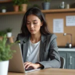 Jeune femme en tenue professionnelle travaillant sur un ordinateur portable dans une cuisine moderne