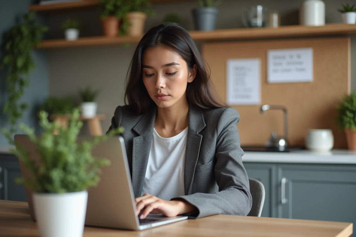 Jeune femme en tenue professionnelle travaillant sur un ordinateur portable dans une cuisine moderne