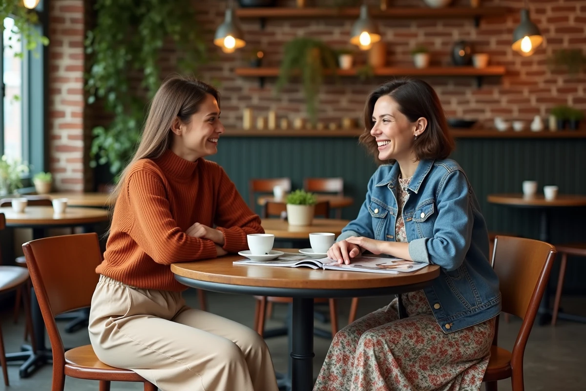 Deux femmes tendance en tenues contemporaines discutant autour d'un magazine de mode dans un café vintage