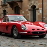 Ferrari 250 GTO rouge rare garée sur une place pavée européenne, vue trois quarts avant mettant en valeur ses courbes emblématiques