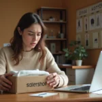 Femme préparant un colis Vinted pour un envoi international depuis son bureau à domicile