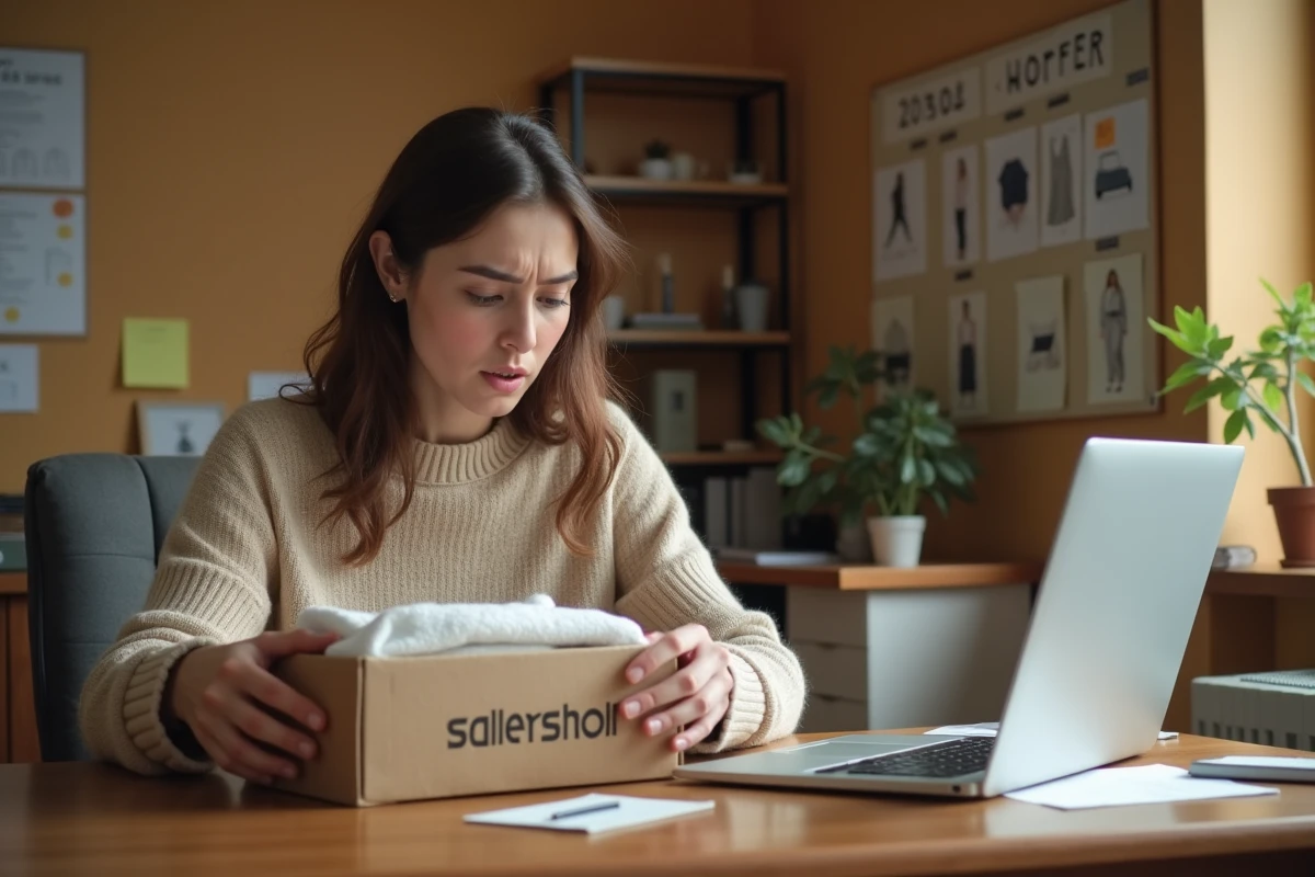Femme préparant un colis Vinted pour un envoi international depuis son bureau à domicile