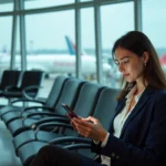 Femme gérant sa réservation Turkish Airlines sur smartphone dans un terminal d'aéroport moderne