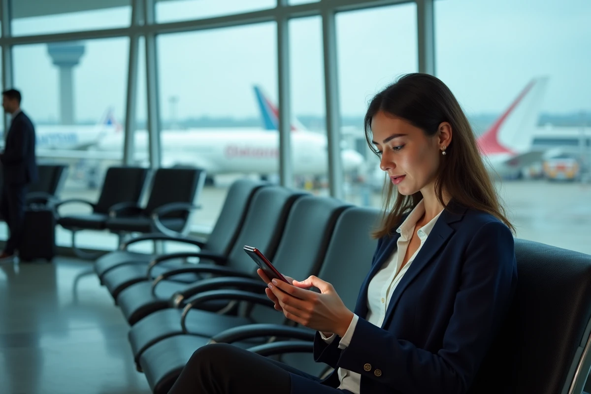 Femme gérant sa réservation Turkish Airlines sur smartphone dans un terminal d'aéroport moderne