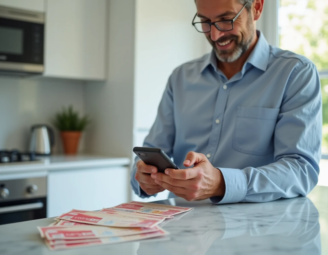 Homme utilisant l'application mobile Airbnb avec des chèques vacances ANCV posés sur un comptoir de cuisine