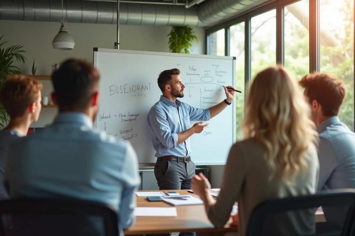 Homme en chemise à manches retroussées animant une séance de brainstorming
