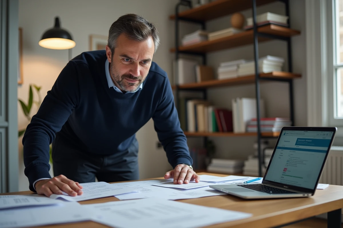 Homme consultant des documents postaux et administratifs sur un bureau à domicile suite à un décès