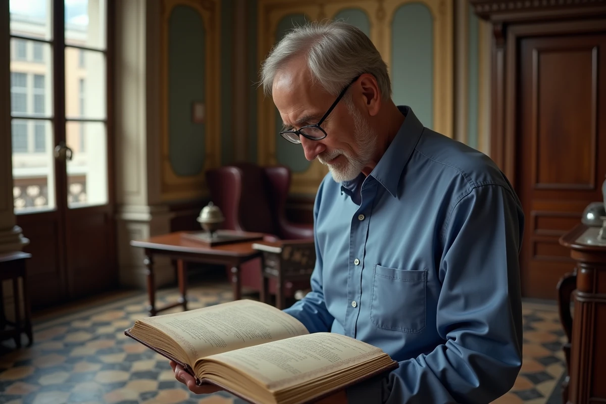 Homme vérifiant un registre officiel dans une mairie ancienne