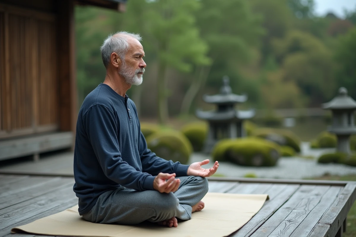 Homme en méditation en plein air dans un jardin japonais, assis en seiza sur un tapis zabuton, corps légèrement incliné reflétant le phénomène de balancement en méditation