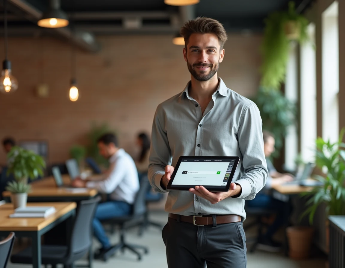 Homme consultant un moteur de recherche collaboratif sur une tablette dans un espace de coworking moderne