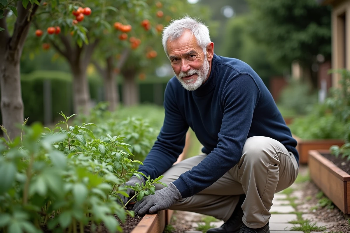 Homme retraité de 65 ans entretenant son potager avec soin, symbolisant une vie active et épanouie après 60 ans