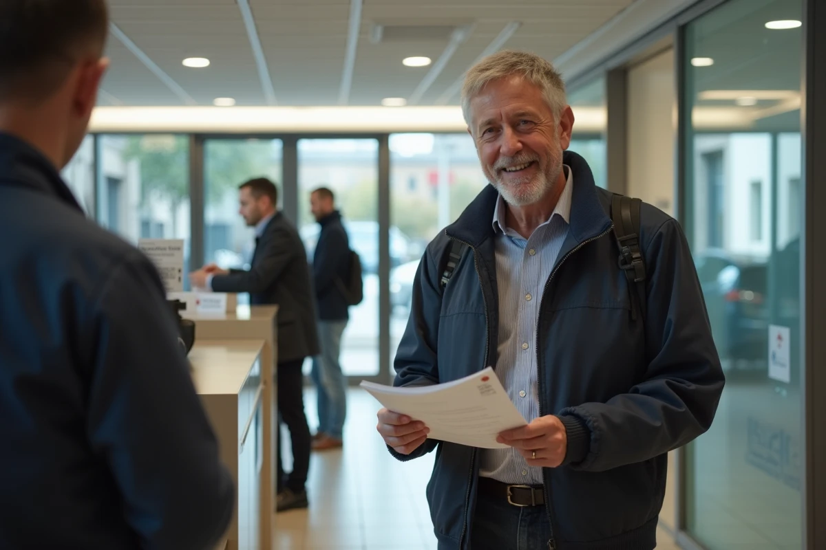 Homme souriant au guichet d