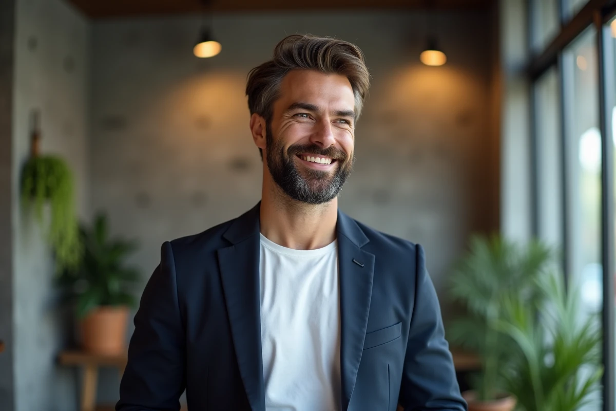 Homme souriant en blazer dans un décor moderne intérieur
