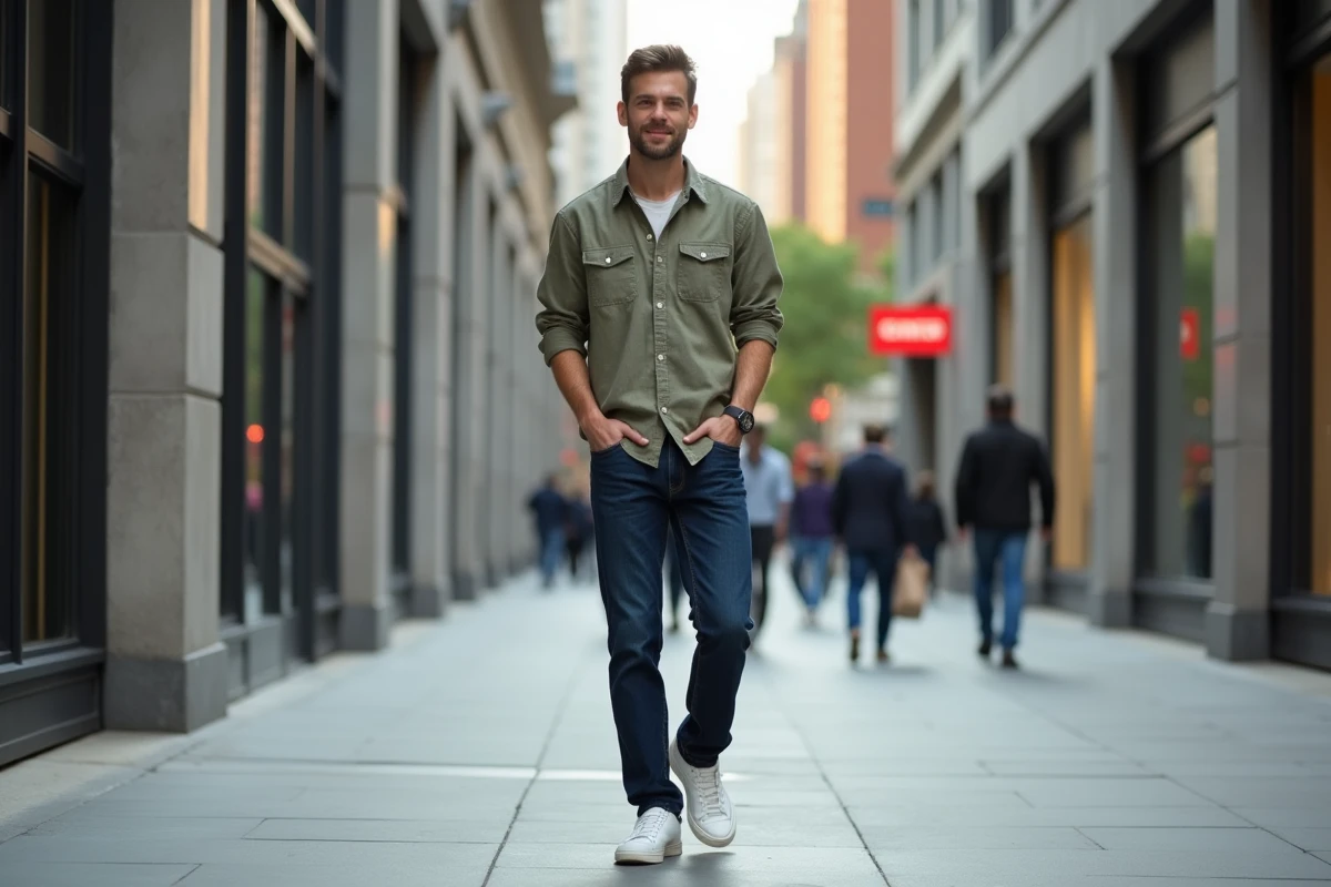 Homme en tenue décontractée tendance marchant dans une rue urbaine moderne avec architecture en béton