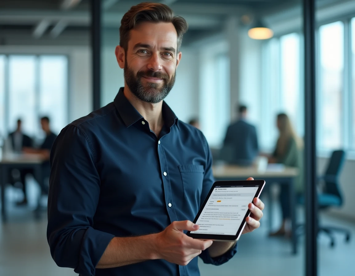 Homme tenant une tablette affichant une interface navigateur dans un bureau tech moderne, expliquant le fonctionnement du web
