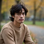Homme en portrait urbain automnal avec cheveux ondulés