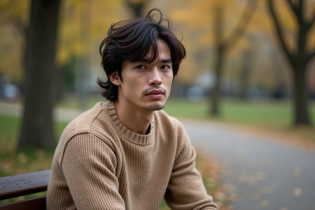 Homme en portrait urbain automnal avec cheveux ondulés