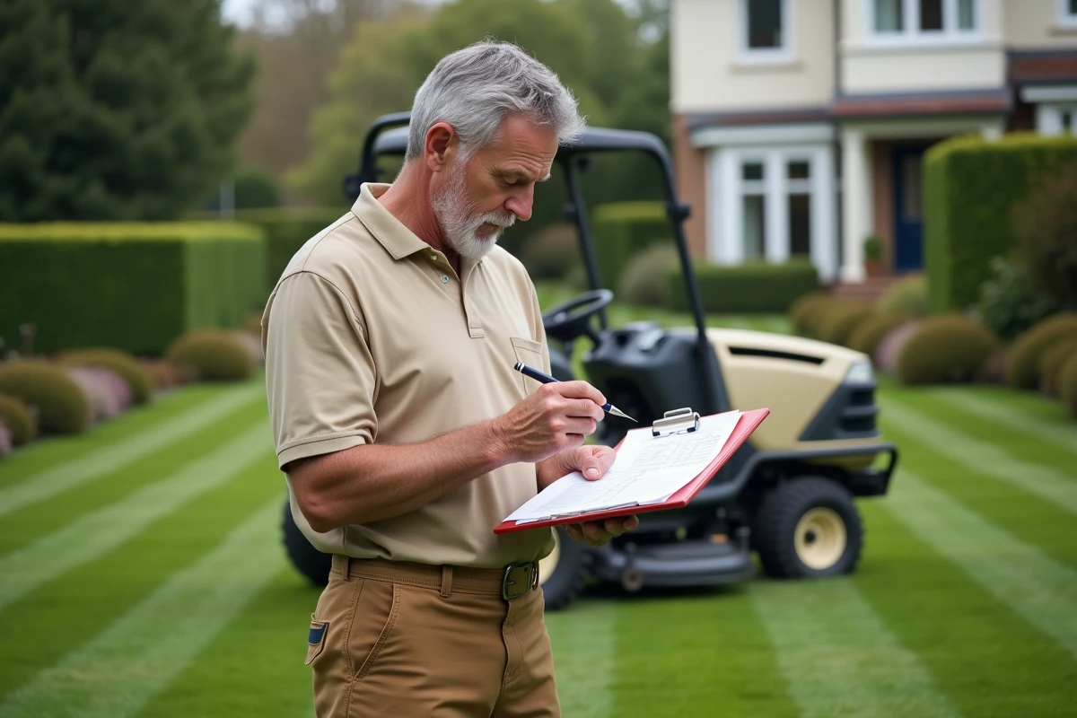 Jardinier consultant un devis sur presse-papiers dans un grand jardin résidentiel, illustration du calcul du tarif horaire pour l'entretien de jardin