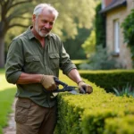 Jardinier professionnel taillant une haie dans un jardin entretenu, illustrant le coût horaire d'un jardinier à domicile