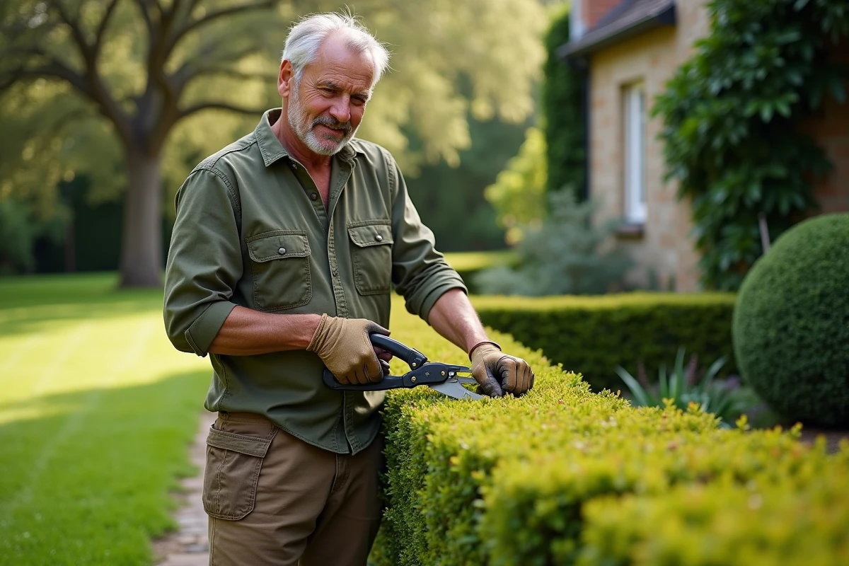 Jardinier professionnel taillant une haie dans un jardin entretenu, illustrant le coût horaire d'un jardinier à domicile