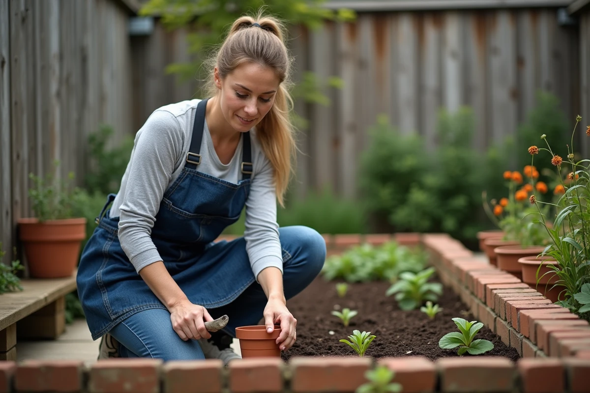 Jardinière plantant des fleurs dans un carré potager surélevé, représentant le travail horaire d'entretien de jardin à domicile