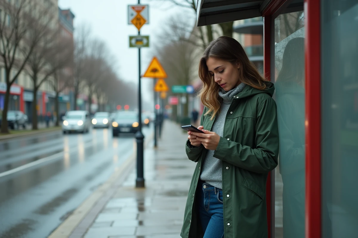 Jeune femme en imper vert attend au arrêt de bus avec son smartphone