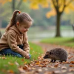 Jeune fille curieuse observe un hérisson dans un parc en automne