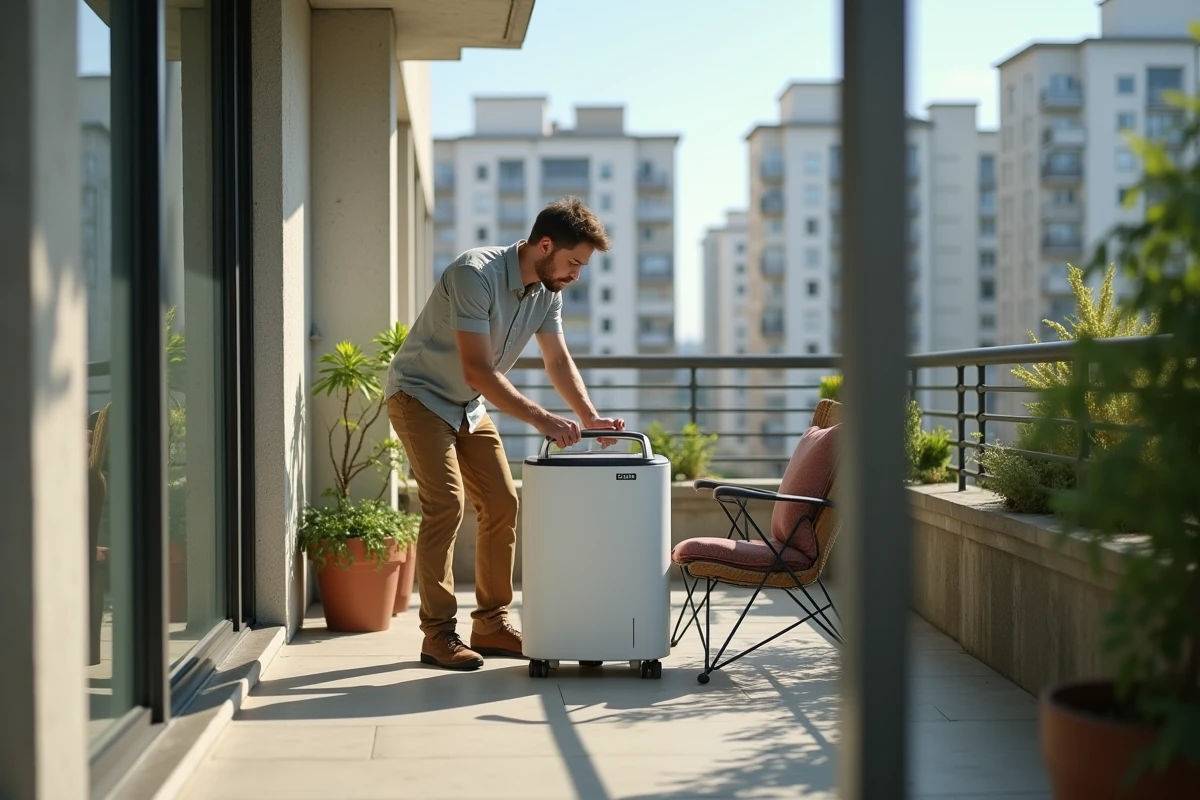 Jeune homme installant un refroidisseur sur un balcon urbain