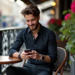 Jeune homme français souriant au café parisien