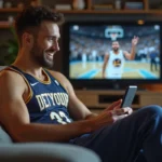 Jeune homme regarde un match NBA sur smartphone dans un salon