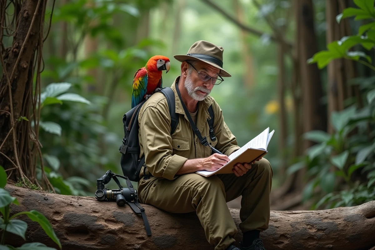 Journaliste en forêt avec un perroquet sur l