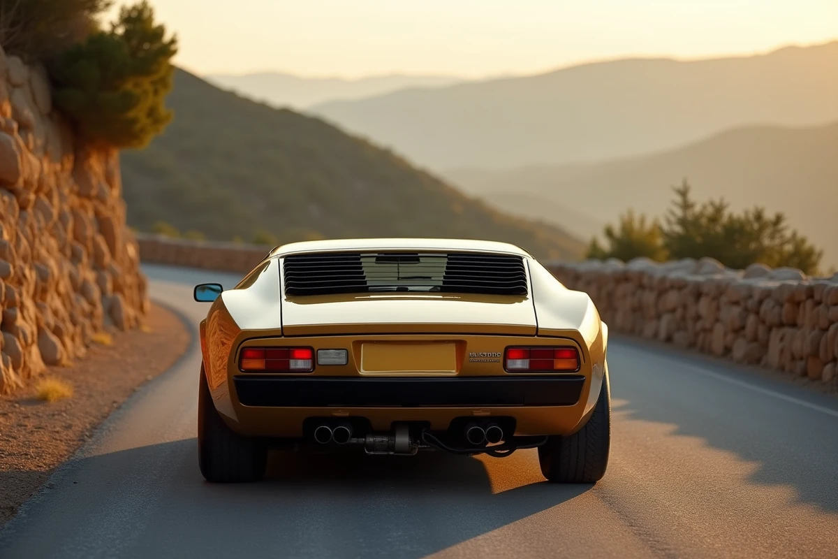 Lamborghini Miura dorée sur une route de montagne sinueuse bordée de murs en pierres sèches et de garrigue méditerranéenne